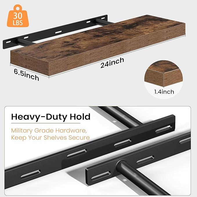 Fun Memories Floating Shelves for Wall, 24 Inch Set of 2 Rustic Wood Wall Shelves with Invisible Brackets, Heavy Duty Storage Display for Living Room Bedroom Kitchen, Brown