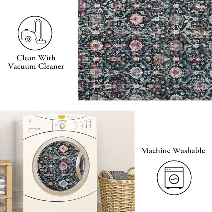 Lahome Moroccan Trellis Washable Round Area Rug, Soft Round Rugs 6ft Ultra-Thin Non-Slip, Vintage Large Circle Carpet for Bedroom Living Room Kitchen Nursery Elise, Black/Multi