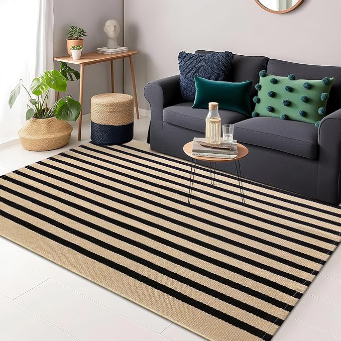 OLANLY Brown and Black Striped Rug 4' x 6' – Washable Cotton Doormat for Indoor Outdoor Use, Layered Front Porch Rug for Entryway, Kitchen, Patio
