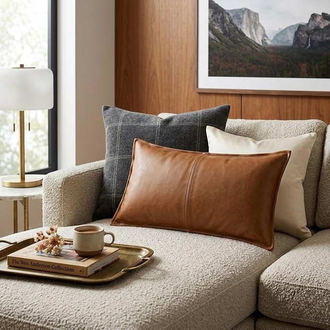 Genuine Leather Pillow Cover Case for Lumbar Throw Couch Pillows - Modern Farmhouse Decorative Sofa Thick & Soft Cushion Covers (Tan, 12" x 20")