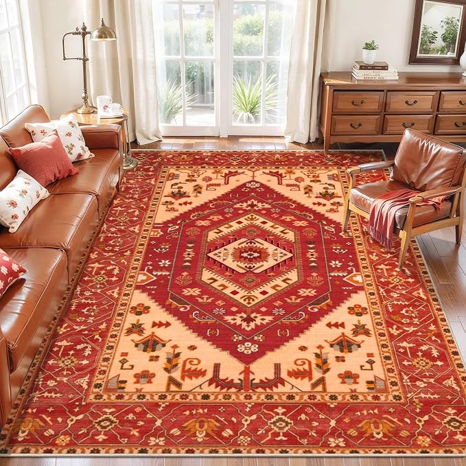 SERISSA 5x7 Boho Area Rug, Washable Non-Slip Rugs for Living Room, Large Red Rug Ultra Soft Vintage Oriental Print Distressed Carpet for Bedroom Dining Room Dorm Office Home Decor