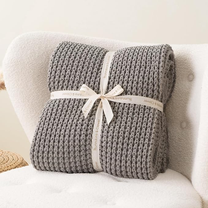 Bunnikins & Clover Light Grey Throw Blanket for Couch, Soft Knitted Chenille Throw Blanket for Sofa, Chair, Living Room, Cozy Gray Throw Blankets for Bed, 50"x60"