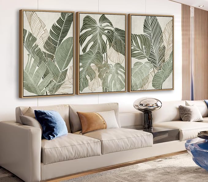 Large Framed Canvas Wall Art - Natural Float Framed Green Plantain Leaves Pictures Decor Brown Leaf Lines Artwork Paintings for Bedroom Living Room Kitchen Home Office Decoration 72" X 36" Set of 3