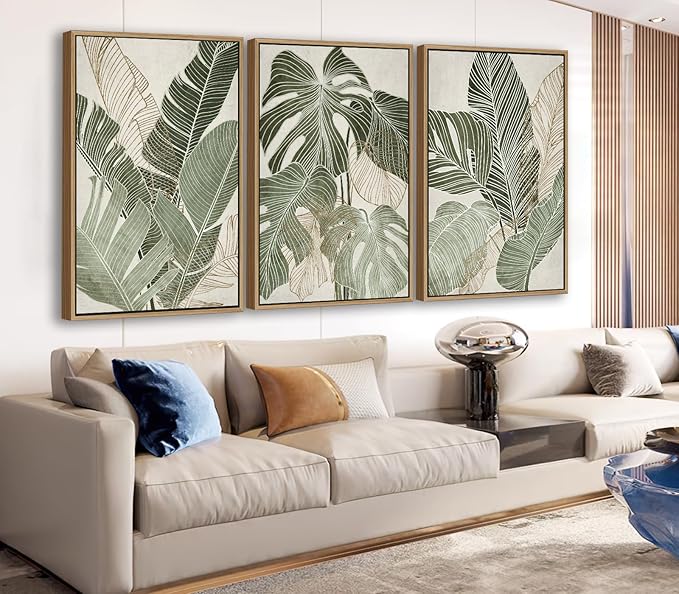 Large Framed Canvas Wall Art - Natural Float Framed Green Plantain Leaves Pictures Decor Brown Leaf Lines Painting Prints Rustic Botanical Artwork for Bedroom Living Room Decoration 60" X 28" Set of 3