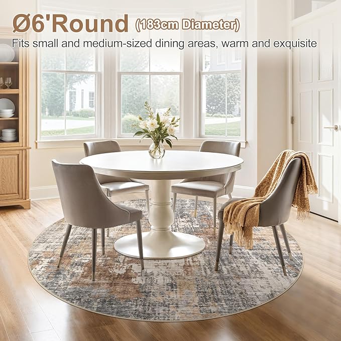DMOYEST 6ft Round Area Rug Living Room Rugs - 6x6 Washable Large Soft Indoor Neutral Modern Abstract Low Pile Rug Carpet for Bedroom Dining Room Farmhouse Home Office - Grey Brown