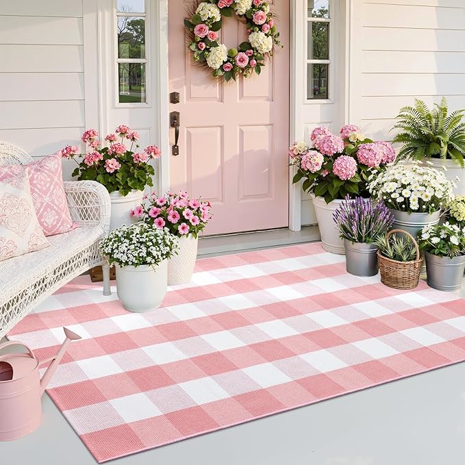 OLANLY Buffalo Plaid Rug 3' x 5' – Pink and White Cotton Checkered Doormat, Washable Indoor Outdoor Rug for Layered Front Porch, Kitchen, Entryway Decor