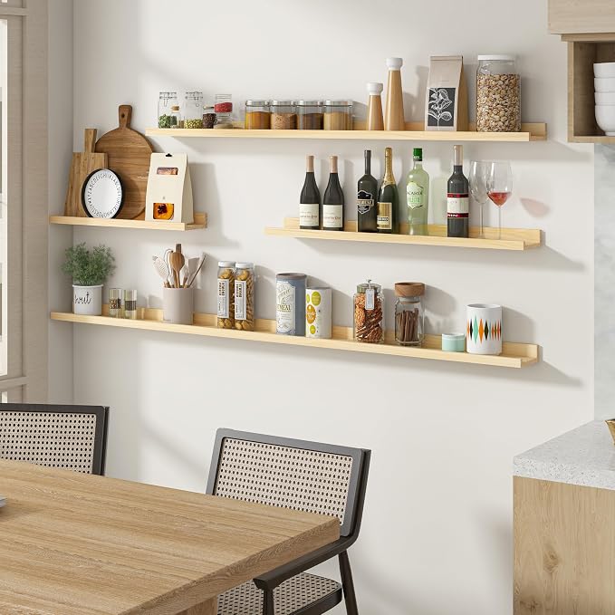 Floating Shelves for Wall, 16 inch Solid Wood Picture Ledge Shelf, Picture Shelf for Wall with Ledge, Floating Book Shelves for living room Bedroom Kitchen Nursery Decor, Natural Unfinished, Set of 2