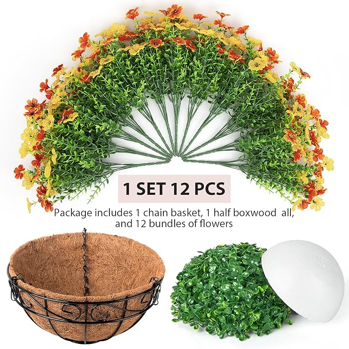 Artificial Fake Hanging Flowers Plants Basket Outdoors, Faux Silk UV Resistant Look Real Daisy Eucalyptus for Spring Summer Garden Porch Home Patio Balcony Yard Decorations, Orange Yellow