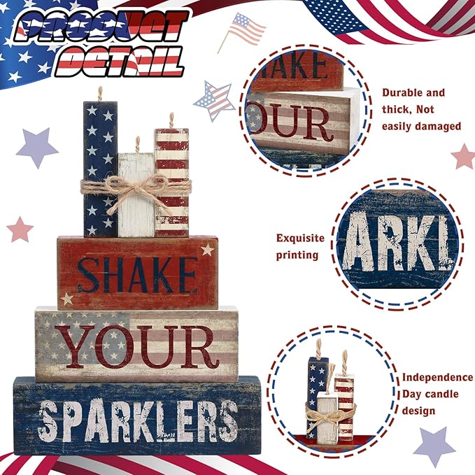 CroBlissful 4 Pcs 4th of July Decorations Patriotic Memorial Day Tabletop Decorations Red White Blue Table Centerpieces Sign for Office Tiered Tray Home Shelf 250th Anniversary(Shake)