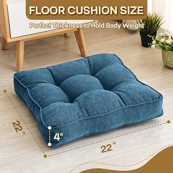 1 MIDDLE ONE Floor Pillow Set of 2, Memory Foam Floor Cushions for Adults, Large Meditation Pillow for Sitting, 22 x 22 Inches (Square | Navy)