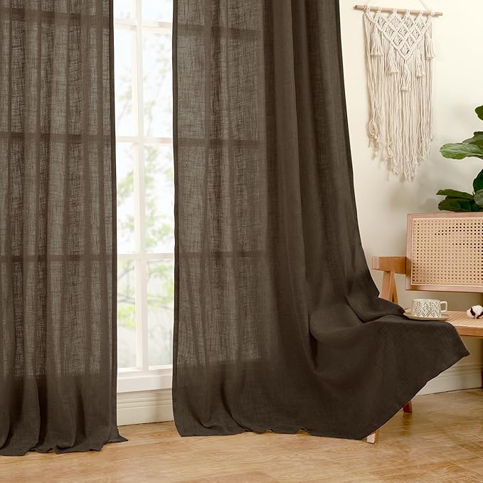 LAMIT 95 Inches Long Linen Curtains for Living Room, Back Tab and Rod Pocket Semi Sheer Curtains Light Filtering Farmhouse Drapes for Bedroom/Dining Room, Dark Brown, Set of 2, 52 x 95 Inch