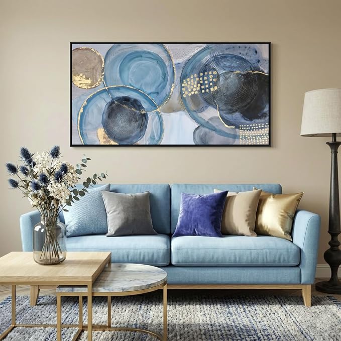 YDYSUNE Blue Abstract Wall Art - Modern Canvas Prints Geometric Circle Picture Minimalist Painting Artwork for Living Room,Office,Bedroom Decor Easy to Hang Framed 24x48 Inch