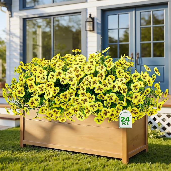 24 Pcs Artificial Fake Pansy Flowers for Outdoor,Faux Silk Plants Flowers UV Resistant Pansies Spring Flowers for Planter Front Door Porch Yard Patio Garden Window Box Home Decor(Yellow)