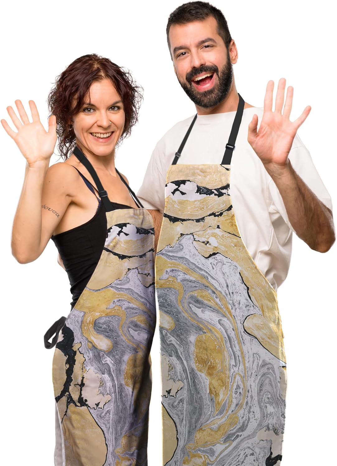 Funny Aprons for Adults Women Gold and Black Marble Women Apron for Kitchen Cooking Restaurant BBQ Painting Crafting Gardening 27” (W) x 31” (H), Waterproof Apron