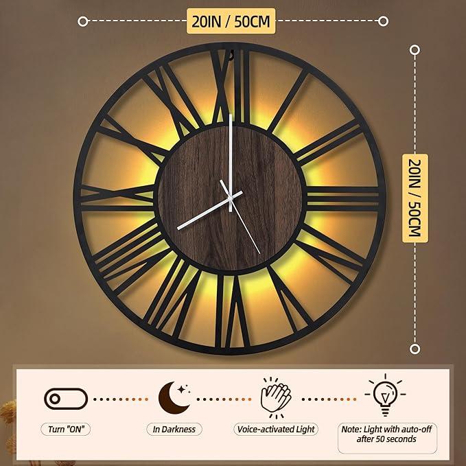 LEIKE Large LED Wall Clocks,Silent,Non Ticking,Battery Operated Rustic Round Modern Big Wood Wall Clock for Living Room, Bedroom,Kitchen,Farmhouse,Office,Home Decor -20" Black,LED,Roman Number
