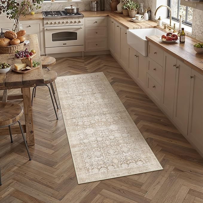 2x5 Beige Washable Neutral Runner Rug for Living Room Floral Non Slip Low Pile Runner Indoor Vintage Traditional Stain Resistant Distressed Carpet Kitchen Bedroom Dining Room Hallway Bathroom
