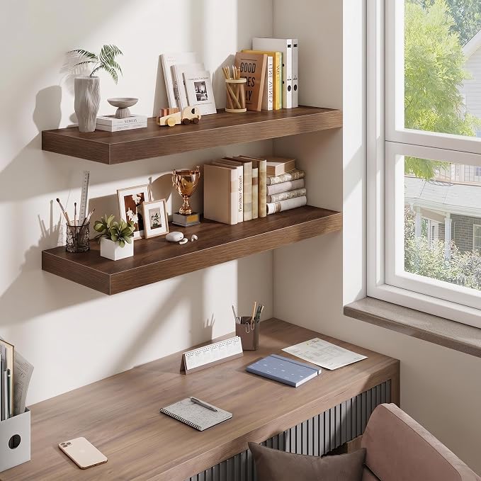Fun Memories Floating Shelves for Wall, 40 Inch Floating Shelf for Home Decor, Wall Mounted Rustic Wood Shelves 12 Inch Deep, Hanging Deep Shelf for Bedroom, Living Room, Kitchen, Walnut, Set of 2