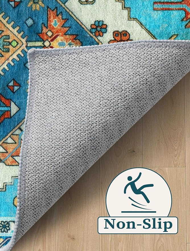 SERISSA Runner Rug for Hallways, 2'6"x16' Washable Non Slip Kitchen Runner Rug, Extra Long Boho Rug Ultra Soft Vintage Blue Print Floor Carpet for Bedroom Hallway Entryway Bathroom Laundry Room