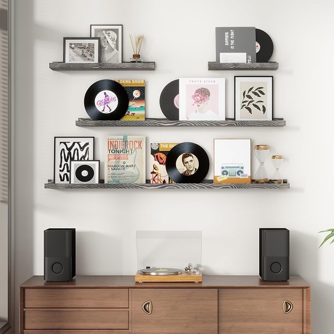 FLYJOE Picture Ledge Wall Shelves 56 Inches Width Set of 3, Solid Pine Wood Rustic Floating Ledge for Kids' Room Bedroom Kitchen Bathroom, Long Floating Shelves for Wall Decor, Grey
