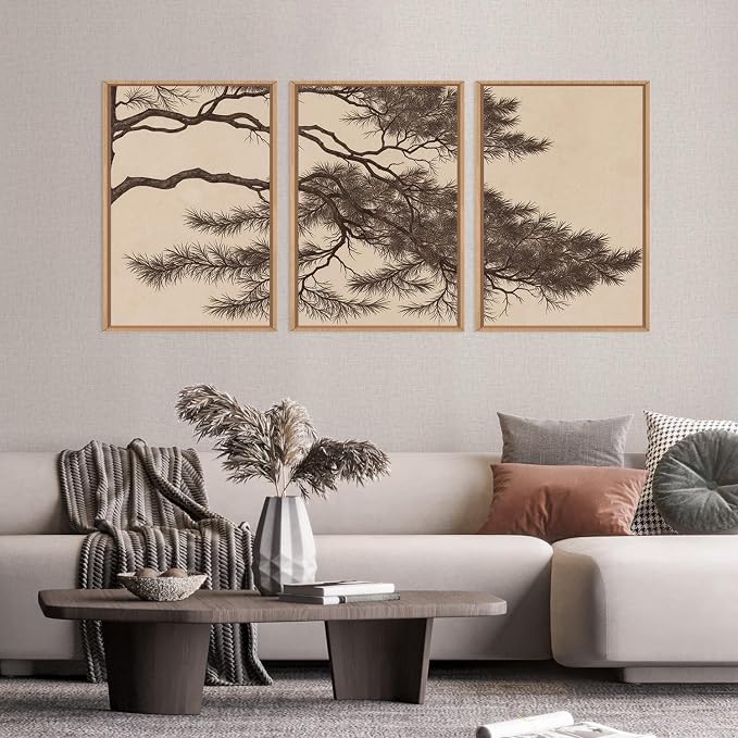 LHIUEM Large Vintage Pine Tree Branch Framed Canvas Wall Art,Sketch Botanical Wall Decor,Nature Plant Artwork,Brown Antique Etching Art Prints for Living Room,Bedroom,Office- 16"x24"x3