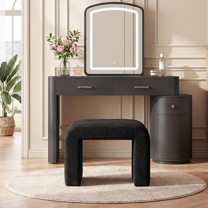 Tribesigns Set of 2 Modern Vanity Stool, Sherpa Upholstered Foot Stool Ottoman, Large Foot Rest for Couch, Shoe Bench for Entryway, Extra Seating for Living Room, Bedroom, No Assembly, Black