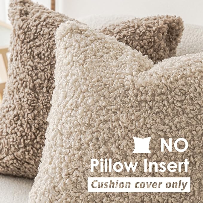 Foindtower 2 Pieces 20x20 Inch Light Khaki, Faux Fur Throw Pillow Cover Accent Sherpa Pillow Fuzzy Soft Pillowcases Sheepskin Decorative Fleece Cushion Case for Bed Couch Living Room