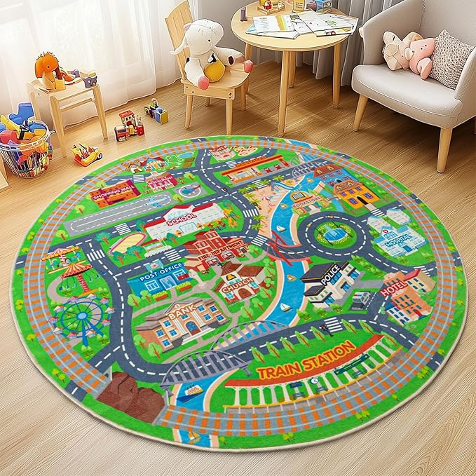 Car Rug Play Mat for Kids Toy Cars, Road Traffic Playmat for Kid Bedroom, Non-Slip Machine Washable Town City Race Track Carpet for Learn and Have Fun Round 72"