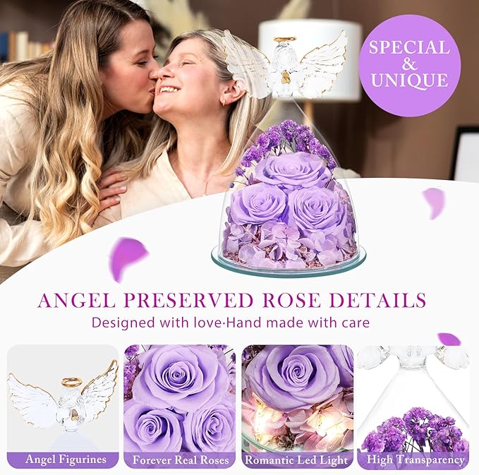Flowers for Delivery Birthday Gifts for Women Gifts for Mom Grandma Mothers Day Fresh Preserved Flowers Forever Real Roses in Glass Angel Figurines Anniversary Present for Wife Her Friends Daughter