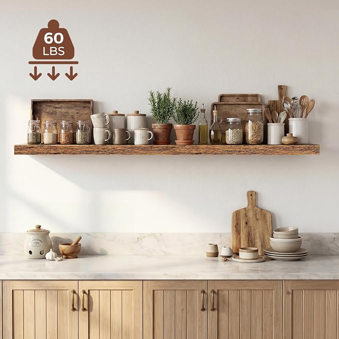 Dreamland 55 Inches Floating Shelves for Wall,9.3" Deep Long Floating Shelves Set of 1,Large Display & Storage Shelf,Wall Shelf for Bathroom Bedroom Living Room Kitchen Office,Rustic Brown
