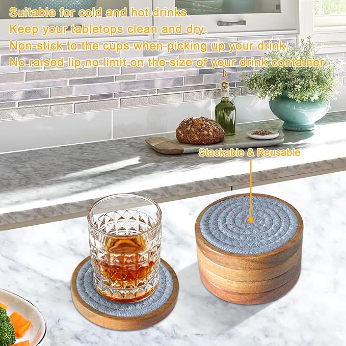 Eykao Drink Coasters Set of 5, Coasters for Drinks Absorbent, Wood Coasters for Coffee Table, Housewarming Gift for Farmhouse Home Decor,4 inches (Brown & Gray)