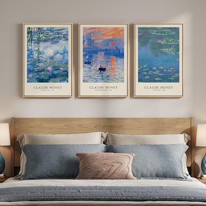 Framed Claude Monet Landscape Wall Art for Living Room, 3 Piece Impressionist Canvas Picture Artwork for Walls, Classic Blue Lake Water Lilies Prints Painting for Bedroom Dining Room Hallway, 16x24 In