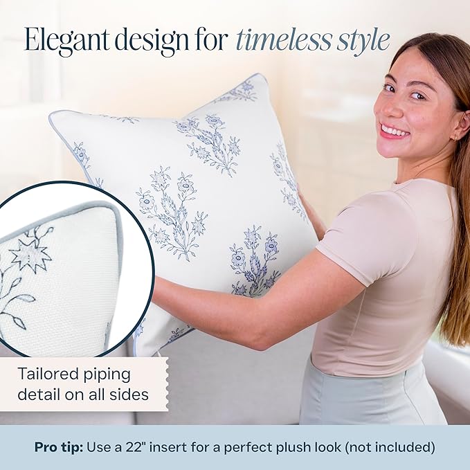 Jillien Harbor “The Mary” Periwinkle Floral Block Print Pillow Cover – Blue and White Decorative Throw Pillow Cover – Grandmillennial Home Decor, 24" x 24"