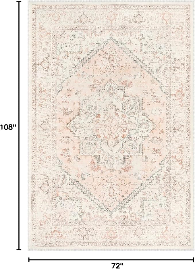 LIVEBOX Large Vintage Area Rug 6x9 - Washable Retro Tribal Pink Rug for Living Room, Soft Boho Anti-Skid Carpet Low-Pile Stain Resistant Floral Rugs for Girl Room Office