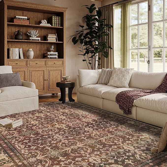 Rugxara 6x9 Area Rugs for Living Room Bedroom, Large Washable Christmas Rug, Vintage Oriental Boho Rug, Non Slip & Low Pile Faux Wool Thin Carpet for Indoor Dining Room, Classroom Dorm and Kids Room