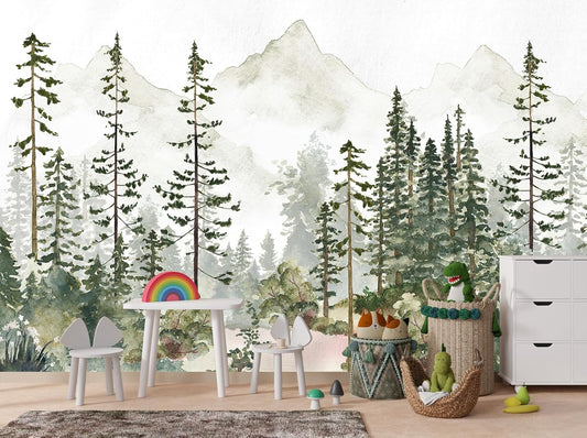 Kids Nursery Wallpaper Green Pine Forest Woodland Wall Mural for Boys Girls Bedroom Living Room(Not Peel and Stick)