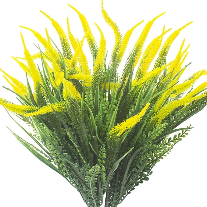 Grunyia 10 Bundles Artificial Plants Outdoor Fake Grass with Flowers UV Resistant Greenery Garden Porch Window Box Decorating (Yellow)
