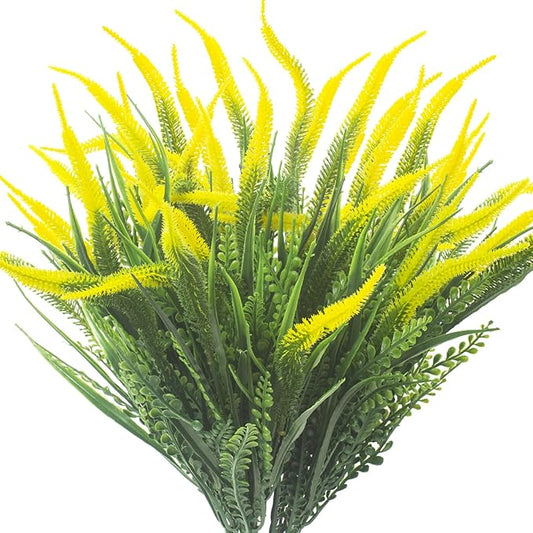 Grunyia 10 Bundles Artificial Plants Outdoor Fake Grass with Flowers UV Resistant Greenery Garden Porch Window Box Decorating (Yellow)