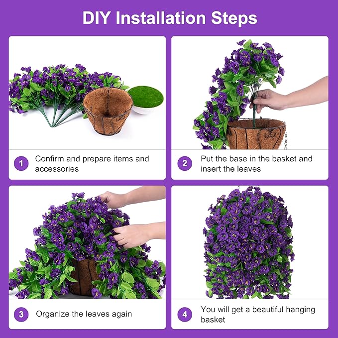 Ammyoo Artificial Faux Hanging Flowers Basket for Spring Summer Outdoor Porch Decor, Fake Silk Colorful Morning Glory Eucalyptus in Planter UV Resistant Look Real for Home Balcony Yard(Dark Purple)