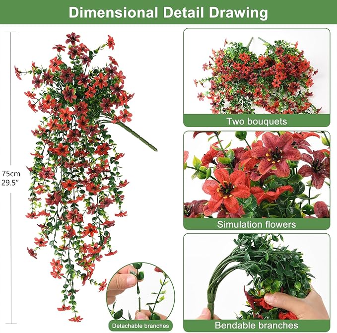 Artificial Fake Hanging Flowers Plants for Outdoor Spring Summer Decoration,2 PCS Faux Silk Daisy with Eucalyptus Leaves,UV Resistant Look Real for Outside Home Planter Porch Patio Balcony Yard Decor