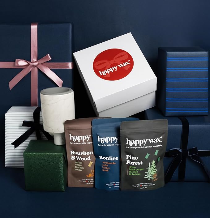 Happy Wax Marble Outlet Timer Wax Warmer with Cozy Cabin Collection Wax Melt Gift Set - 6 Total Oz - Bonfire, Bourbon & Wood and Pine Forest