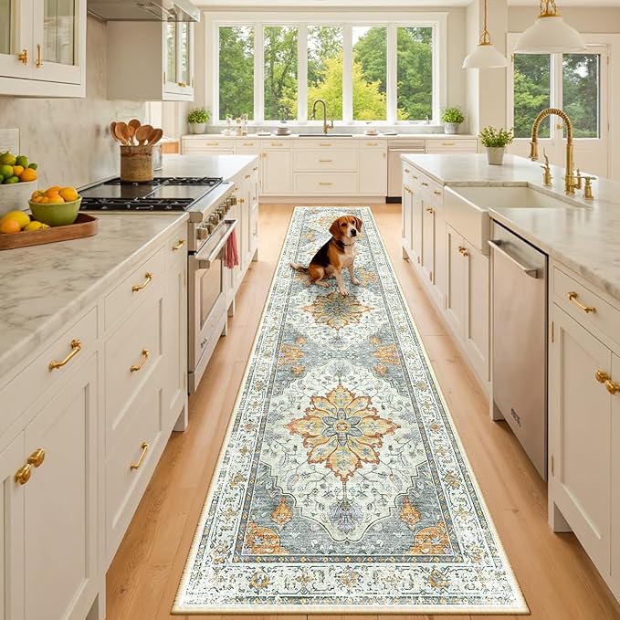 RELEANY Area Rugs 3'x10' Runner Rug Non Slip Washable for Kitchen Hallway Bedroom Beside Laundry Room Bathroom Rug, Floor Carpet, Light Yellow Carbon Grey Orange