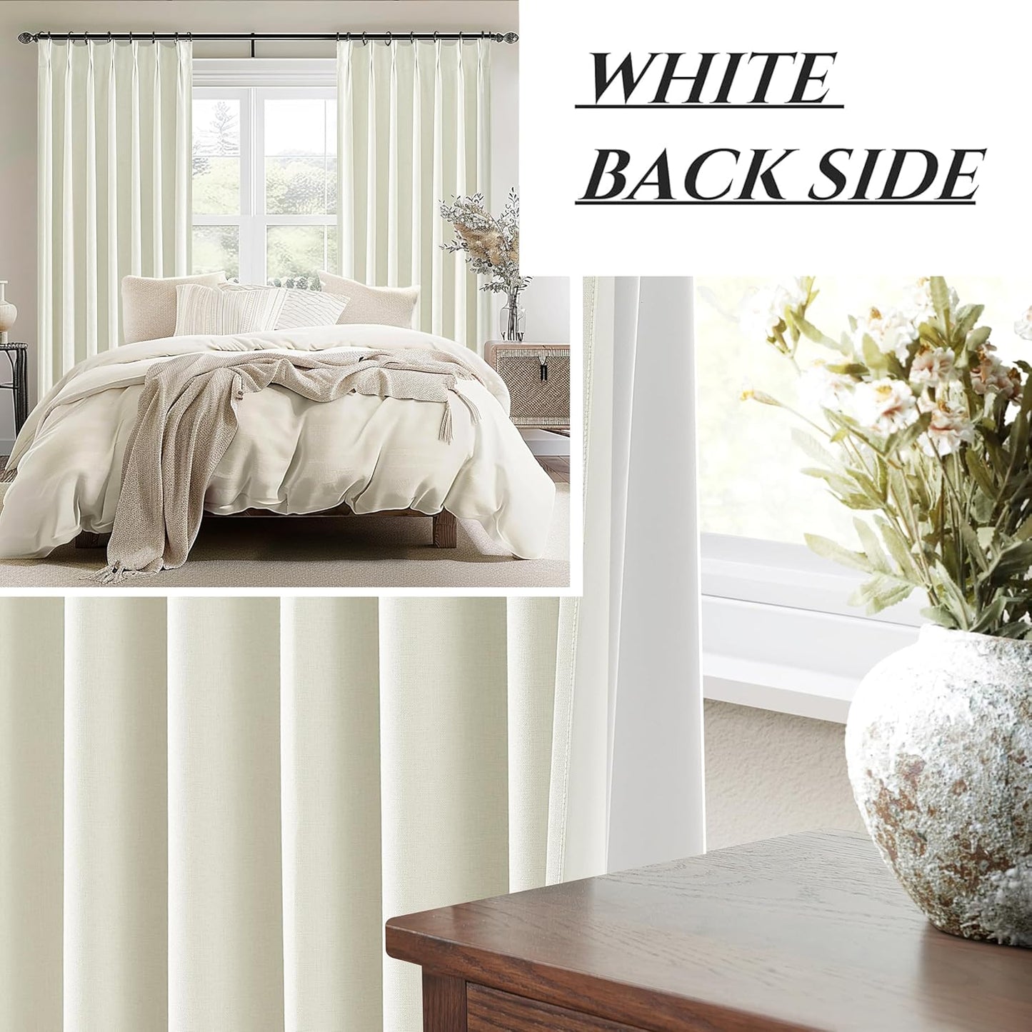 Cute Short Window Blackout Kitchen Curtains 45 Inches Long 2 Panels Set, Farmhouse Light Cream Linen Pinch Pleated Linen Drapes with Hooks Rings Thermal Heat Blocking Ivory White Curtain for Windows