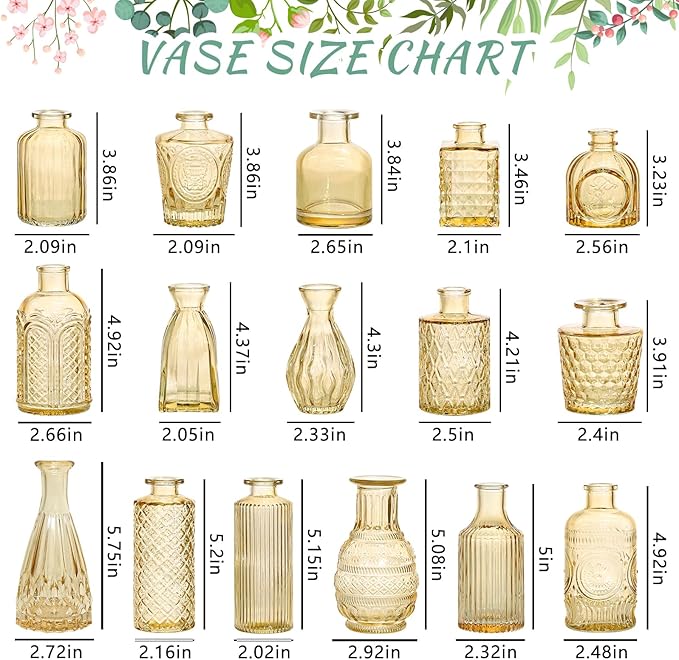 SUPMIND 16Pcs Glass Bud Vase Set, Small Flower Vases in Bulk for Centerpieces, Mini Vintage Amber Vase for Wedding, Home Decor, Table Decoration - Gold Amber