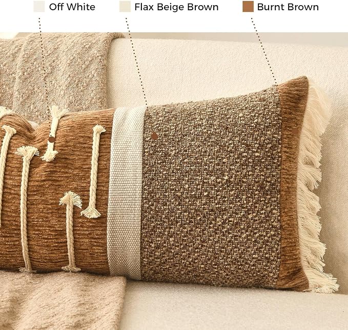 Burnt Orange Boho Lumbar Pillow Cover 14x36 Inches | Modern Farmhouse Long Lumbar Decorative Pillows Cushion Case with Handmade Drawn Work Tassel for Bed Couch
