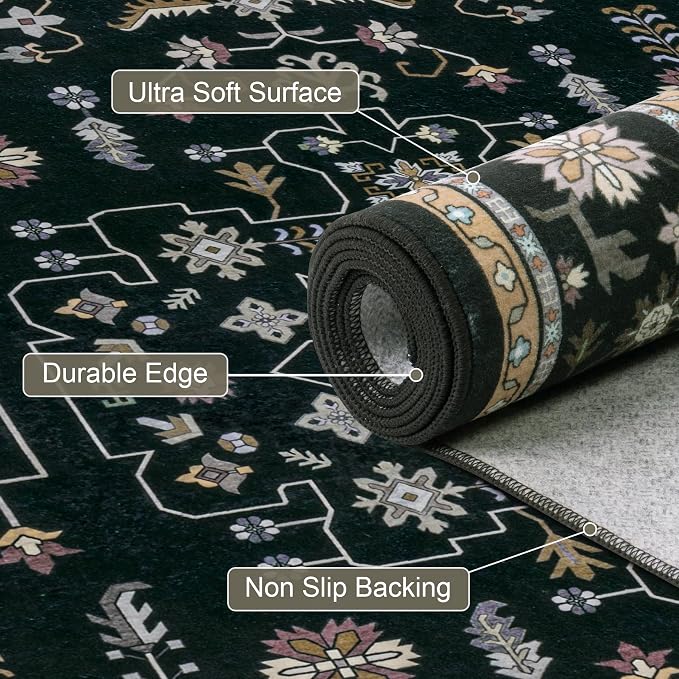 6x9 Area Rugs Living Room Rug: Washable Vintage Boho Medallion Rug No Slip Stain Resistant Soft Carpet Indoor Floor Large Carpets for Bedroom Dining Room Farmhouse Nursery Hallway Home Office Black