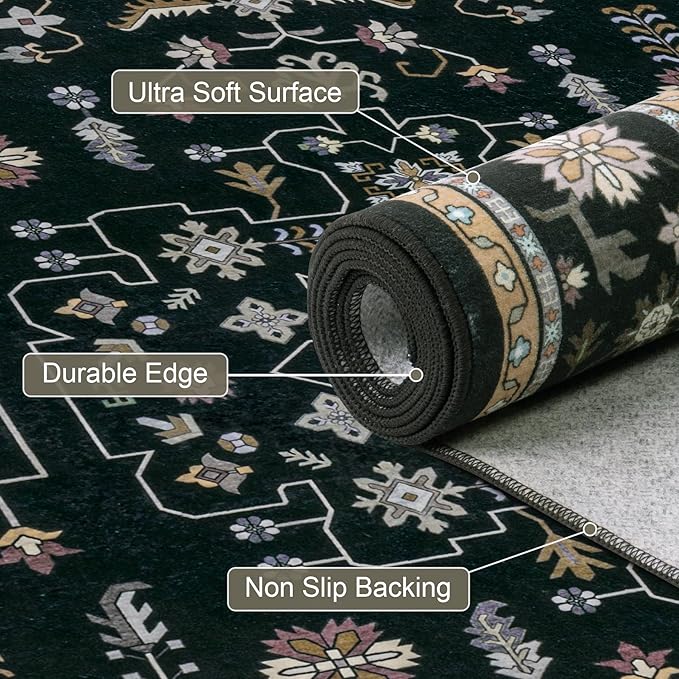 Hallway Runner Rug Non Slip - Washable 2.6x8 Kitchen Rugs for Living Room, Low-Pile Soft Bedroom Rug Indoor Floor Stain Resistant Carpets for Entryway, Laundry, Bathroom Black