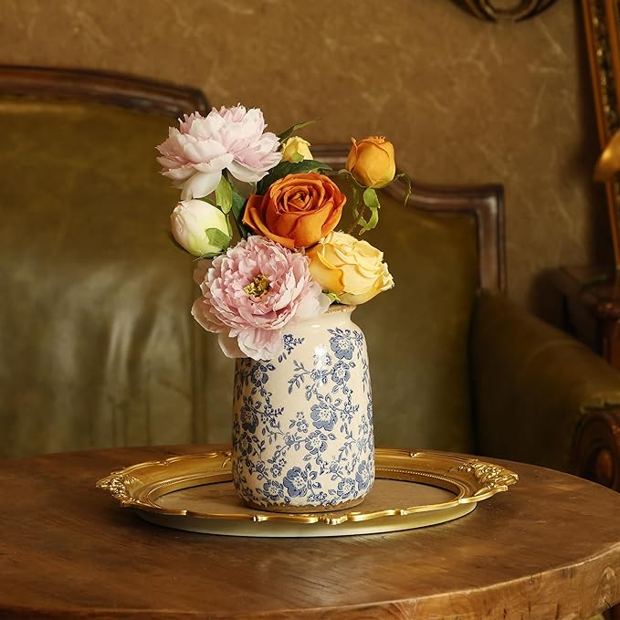 Ronasip Vintage Blue and White Chinoiserie Ceramic Vase, 6.9” Hand-Painted Peony Floral Design, Antique Style Vases for Home Decor, Centerpieces, Living Room, Balcony (Blue and White)