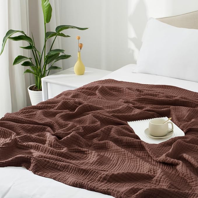 Carriediosa 100% Cotton Muslin Throw Blanket 108" X 90" King Size，4-Layers Summer Gauze Throws for Bed Couch，Soft Lightweight Breathable Linen Blankets Bedspread for Adults All Season，Dark Brown