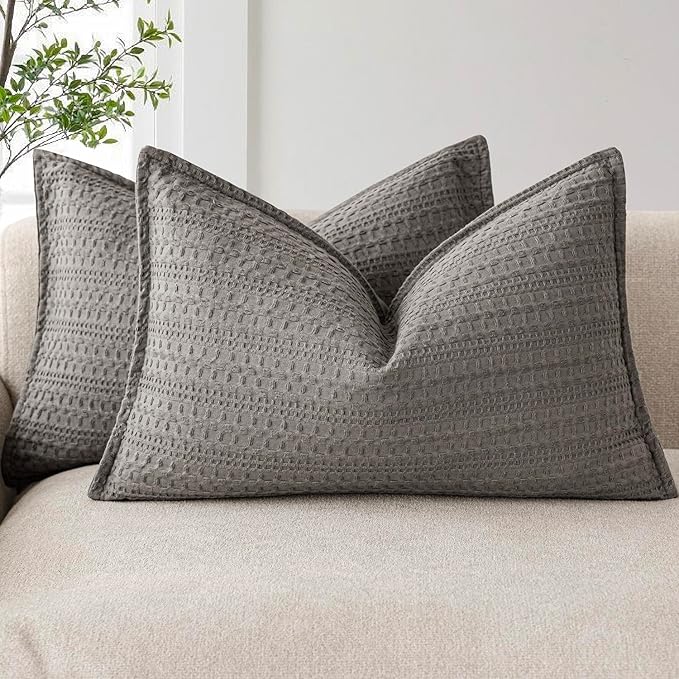 Foindtower Set of 2 Decorative Cotton Waffle Weave Lumbar Throw Pillow Covers Euro Shams Cushion Covers Accent European Pillowcase for Bed Couch Bedroom Living Room Home Decor 12×20 Inch Taupe Gray