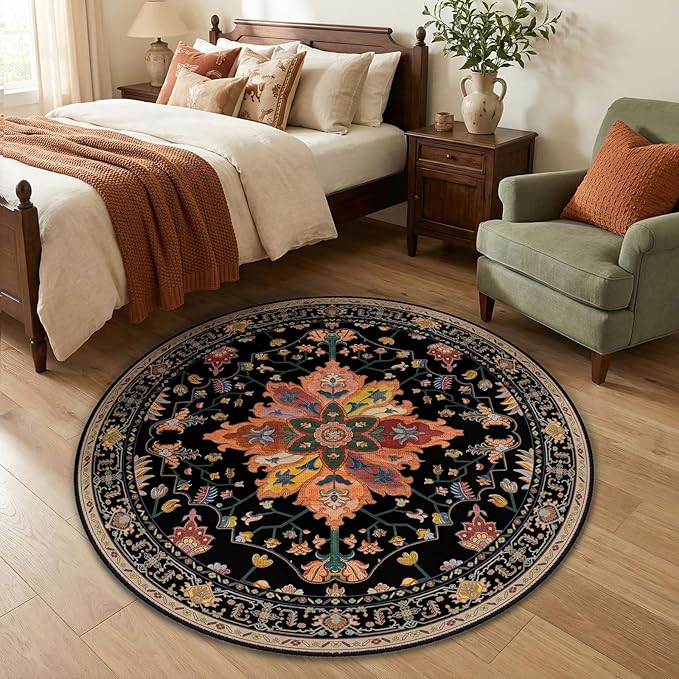 RELEANY Area Rugs 4ft Washable Non-Slip, Floral Vintage Distress Print Pattern Medallion Carpet for Living Room Bedroom Dining Room, Black Colorful Floral Dark Tan